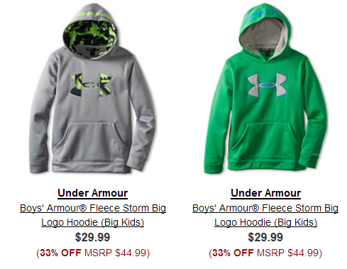 6PM is having a huge sale on athletic items today, and everything ships free! Check out these big logo Under Armour boys' fleece hoodies for just $29.99