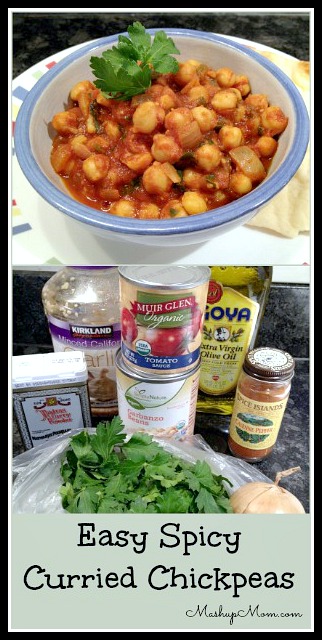 Easy spicy curried chickpeas -- a quick and simple recipe you can enjoy as either a vegetarian main dish or as a hearty side dish.