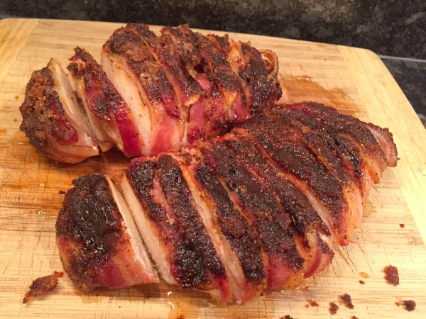 cut the bacon-wrapped chicken