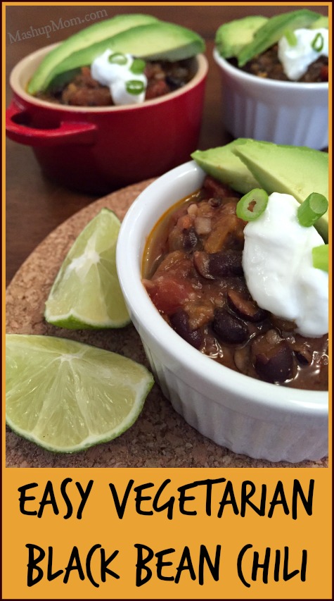 vegetarian black bean chili bowls with avocado and sour cream