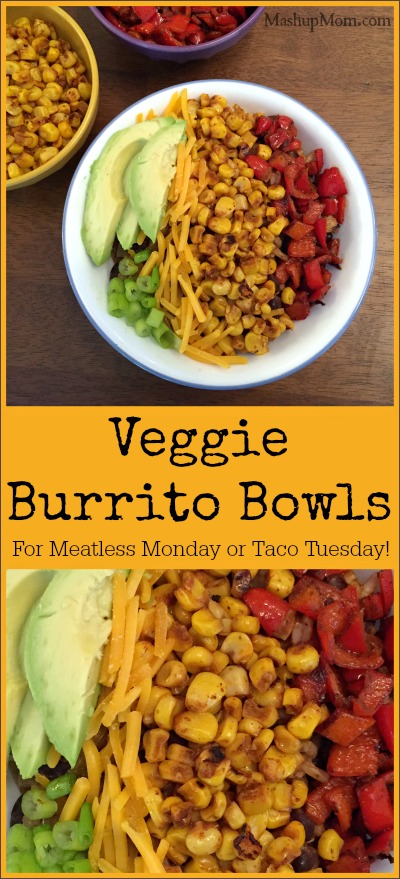 veggie burrito bowls with roasted corn and bell pepper