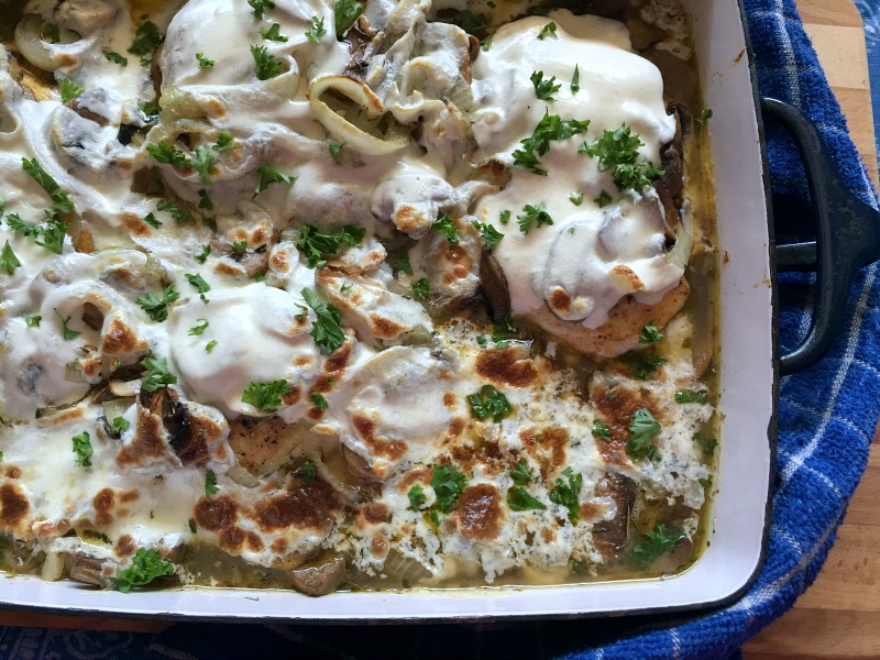 baked chicken and mushrooms with cheese