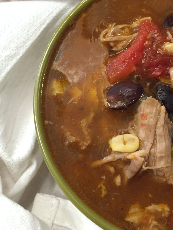 bowl of salsa pulled pork soup