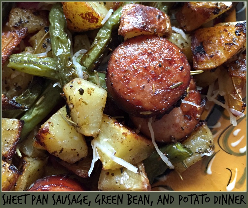 sheet pan sausage, green bean, and potato dinner.