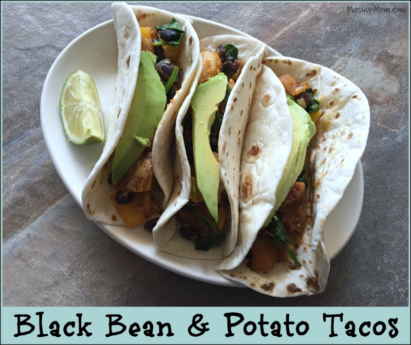 black bean and potato tacos with avocado