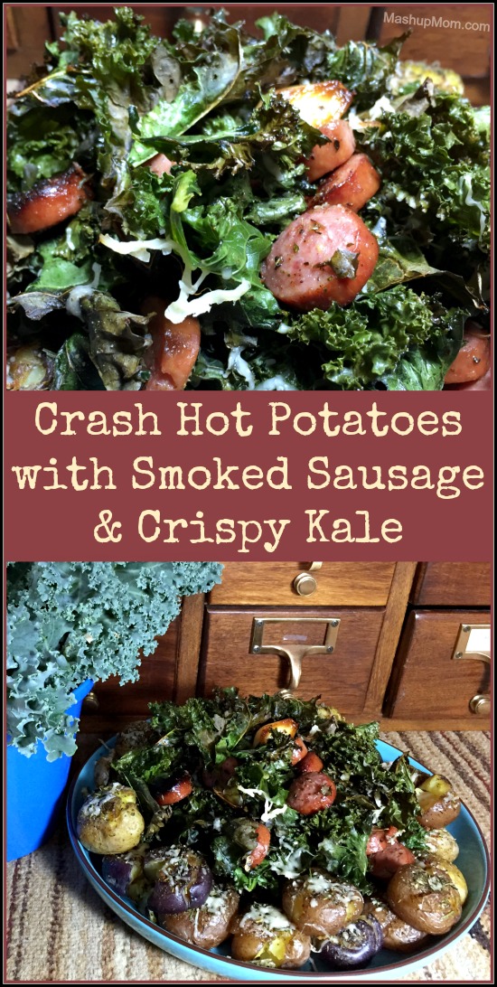 Crash Hot Potatoes with Smoked Sausage & Crispy Kale, a sheet pan dinner recipe.