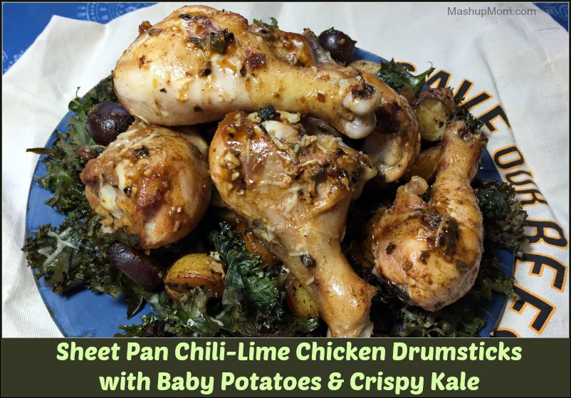 Sheet Pan Chili-Lime Chicken Drumsticks with Baby Potatoes and Crispy Kale -- A flavorful one pan meal! Naturally gluten free.