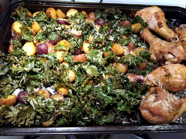 Sheet Pan Chili-Lime Chicken Drumsticks with Baby Potatoes and Crispy Kale -- A flavorful one pan meal! Naturally gluten free.