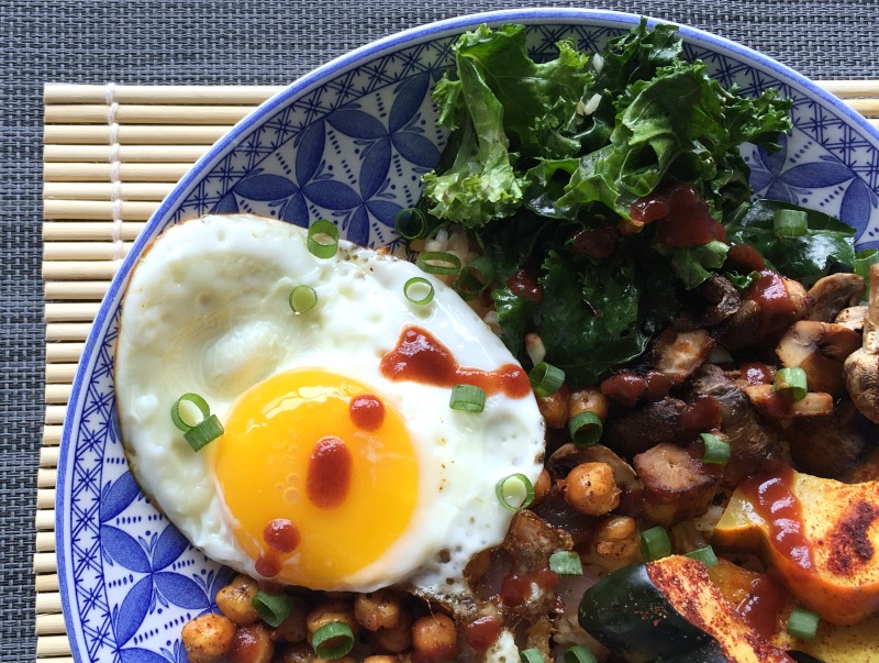 harvest veggies over rice topped with egg