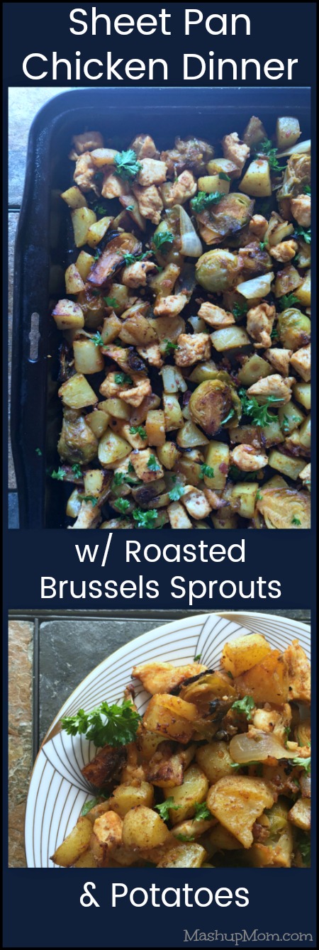 sheet pan chicken, brussels, potatoes