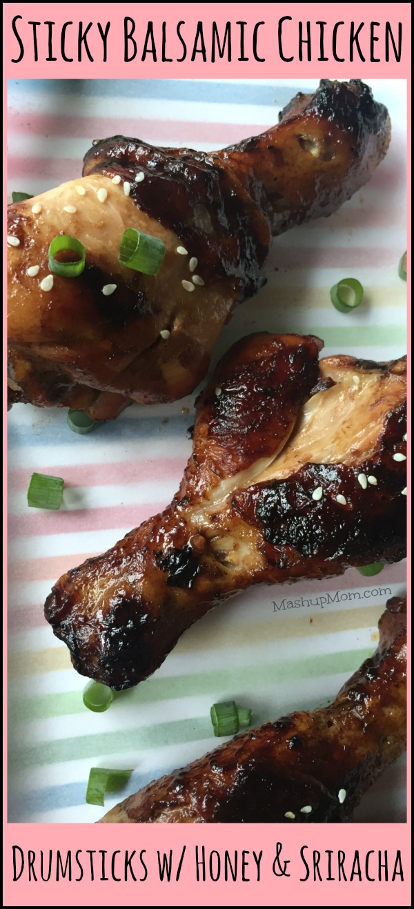 Sticky Balsamic Chicken Drumsticks with Honey & Sriracha is a balanced spicy-sticky-sweet dinner recipe that you can easily customize to your own tastes!