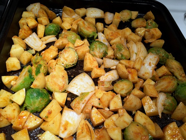 spread out veggies on the sheet pan