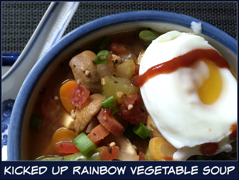 Kicked up rainbow vegetable soup is not ramen by any stretch of the imagination, but it's spicy, savory, and good -- and it hit the spot with just enough of that spicy-savory ramen-type flavor I was craving. Try it for a different twist on your usual vegetable soup recipe.