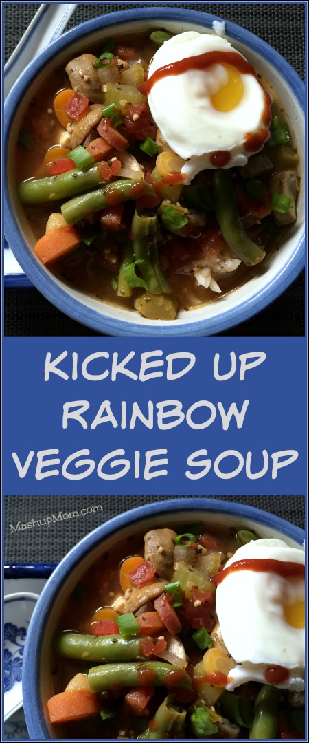 Kicked up rainbow vegetable soup is not ramen by any stretch of the imagination, but it's spicy, savory, and good -- and it hit the spot with just enough of that spicy-savory ramen-type flavor I was craving. Try it for a different twist on your usual vegetable soup recipe.