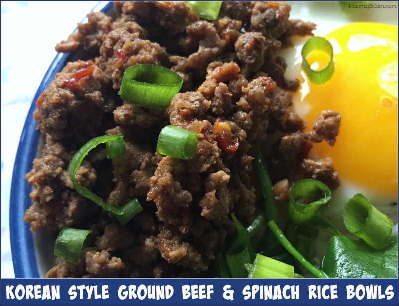 Ground beef, egg, spinach, on rice