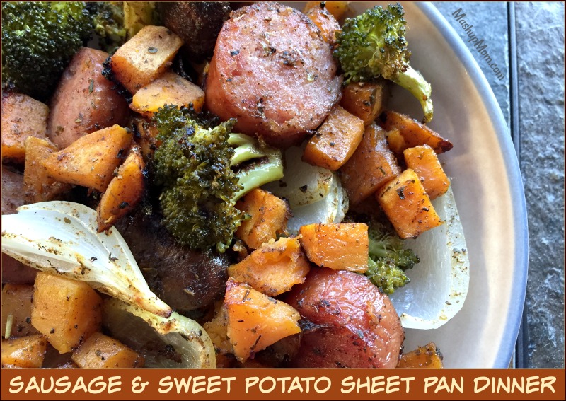 sausage and sweet potato sheet pan veggies on a plate