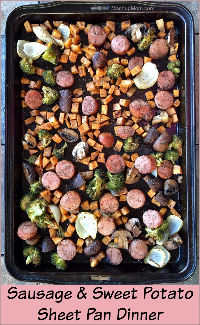 sausage, sweet potatoes, sage, and cinnamon on a sheet pan