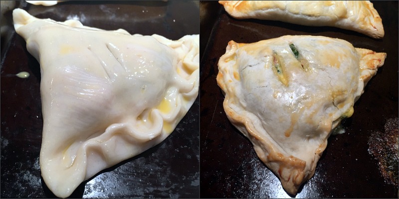 Ham hand pies cooking on a cookie sheet.