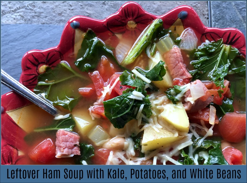 Bowl of ham soup with potatoes and kale