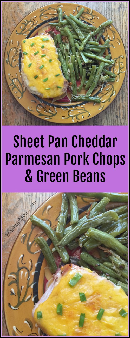 This sheet pan cheddar Parmesan pork chops & green beans recipe is naturally gluten free -- and, it's full of garlicky salty comfort food deliciousness. The chops stay nice and juicy in this one pan 45 minute weeknight dinner recipe, while the salty tang of the cheddar & Parmesan provides the perfect counterpoint.