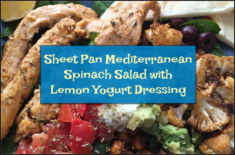 This mouthwatering sheet pan Mediterranean spinach salad with lemon yogurt dressing is naturally gluten free, and chock full of lemon, garlic, and oregano flavor.