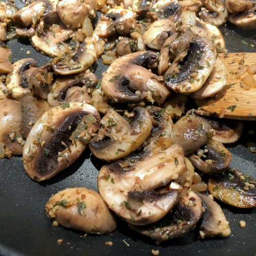 Mushrooms in pan. This savory "thyme for a one pan chicken mushroom rice skillet" is both filling and naturally gluten free: Browned butter adds an underlying nutty richness, while thyme brings out the umami flavor of the mushrooms. Have a green veggie with this easy one pot recipe (spinach works great) for a simple complete meal. 