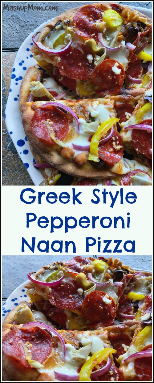 Naan pizza rocks! It's so easy to adjust this recipe for kids' tastes: Since each person gets an individual pizza, you can just make theirs straight up pepperoni mozzarella. As for the grownups, bring on all the things for a tangy, cheesy, and delicious Greek style pepperoni naan pizza experience.