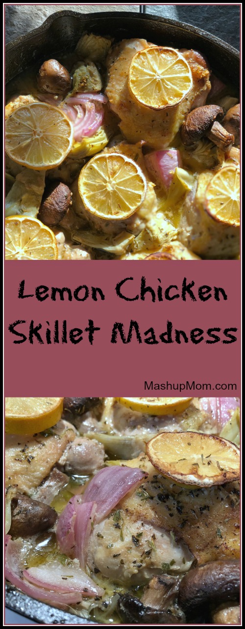 This lemon chicken skillet with artichokes and mushrooms is darn tasty, if I do say so myself! Just tangy enough and garlicky good, while the sauce also helps keep the thighs nice and juicy. Lemon Chicken Skillet Madness is naturally low carb and gluten free.