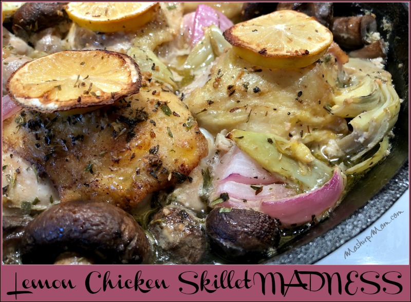 This lemon chicken skillet with artichokes and mushrooms is darn tasty, if I do say so myself! Just tangy enough and garlicky good, while the sauce also helps keep the thighs nice and juicy. Lemon Chicken Skillet Madness is naturally low carb and gluten free.