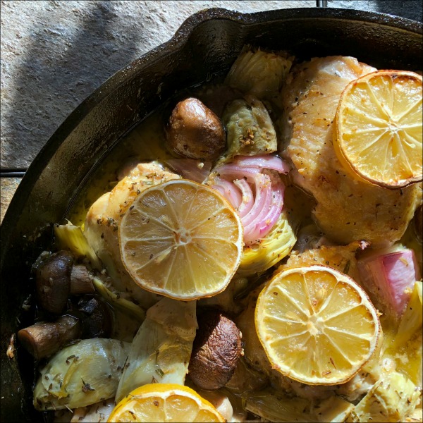 This lemon chicken skillet with artichokes and mushrooms is darn tasty, if I do say so myself! Just tangy enough and garlicky good, while the sauce also helps keep the thighs nice and juicy. Lemon Chicken Skillet Madness is naturally low carb and gluten free.