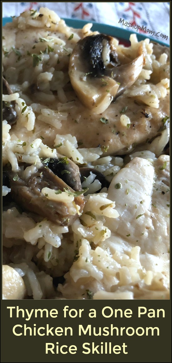 chicken, mushrooms, thyme, and rice skillet