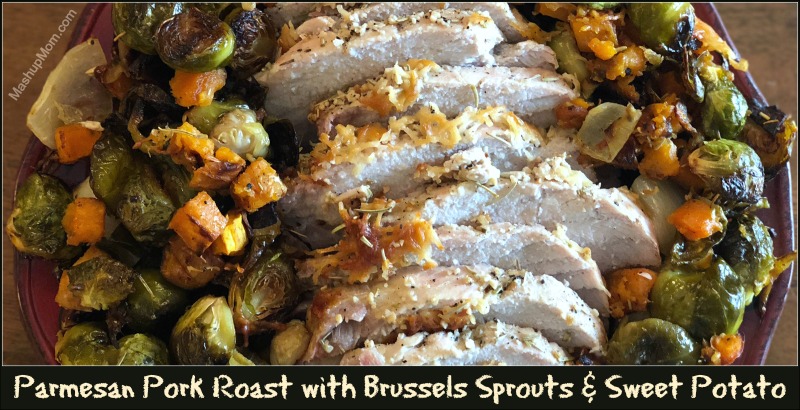 Parmesan Pork Roast with Brussels Sprouts & Sweet Potato has it all: In this gluten free one pan Sunday dinner recipe, the nicely browned sprouts get an additional shot of flavor from the salty Parmesan -- and contrast nicely with the sweet potatoes and juicy pork. 