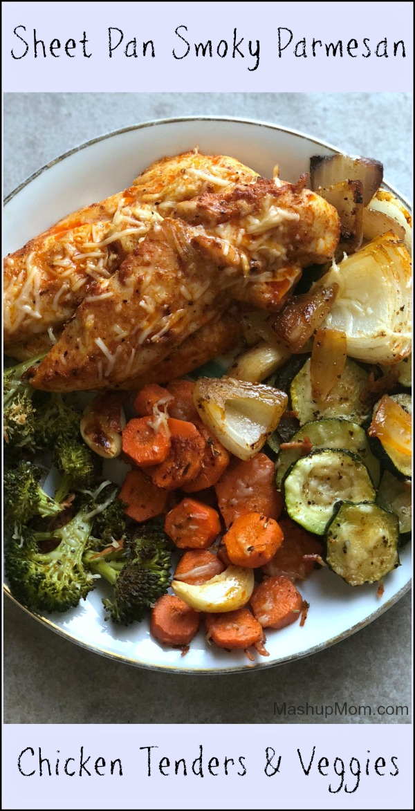 plate of parmesan chicken tenders and vegetables