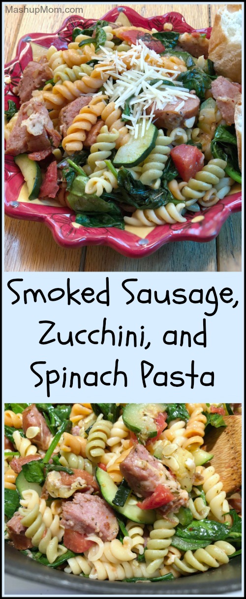 Smoked sausage, zucchini, and spinach pasta is a filling all-in-one weeknight dinner that’s just jam packed with flavor. Mash up the salty goodness of Parmesan-roasted zucchini with the smoky flavor of kielbasa + fire roasted tomatoes to create a savory pasta dish the whole family will enjoy.