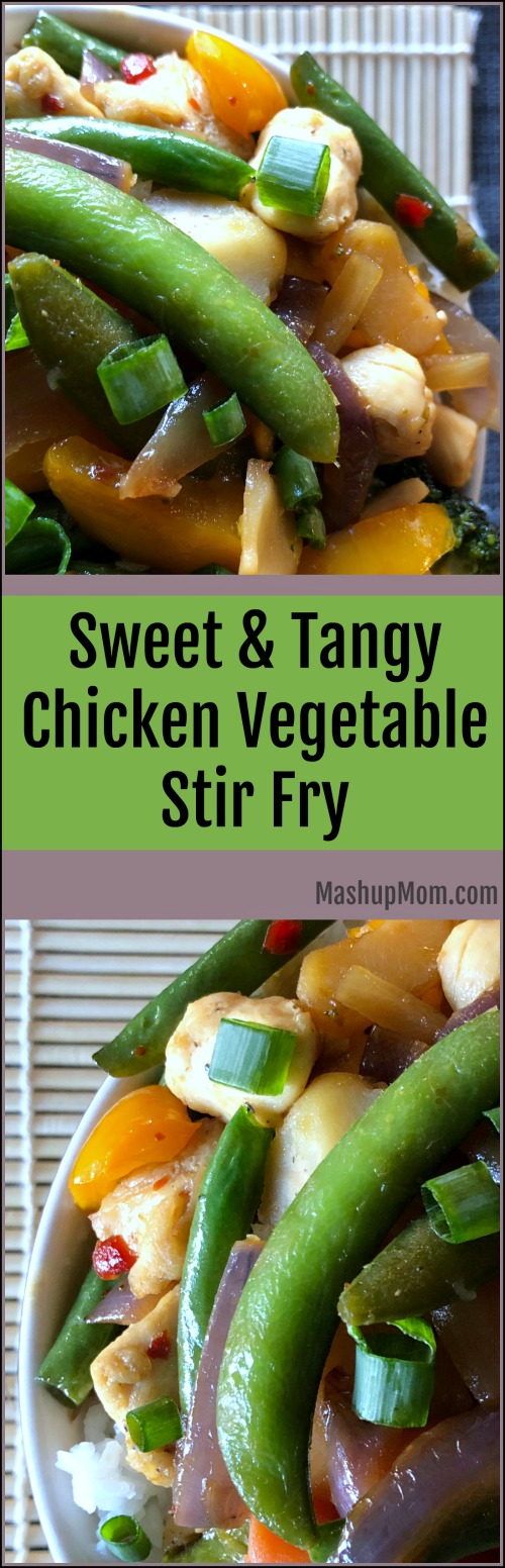 How about an easy 30 minute weeknight dinner recipe: Sweet & Tangy Chicken Vegetable Stir Fry! Red pepper jelly adds a sweet underlying tang to this easy 30 minute stir fry recipe, which complements both the salty soy and the slight kick from the red pepper flakes and ginger.