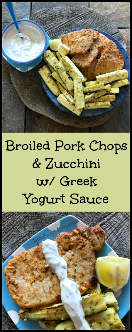 How about an easy broiled pork chops and zucchini recipe that is naturally low carb and gluten free? This flavorful 30 minute weeknight dinner creates its own built-in side -- making it an affordable dinner option for four. The Greek yogurt sauce here really brings out the flavor in both the zucchini and the chops, too! | MashupMom.com