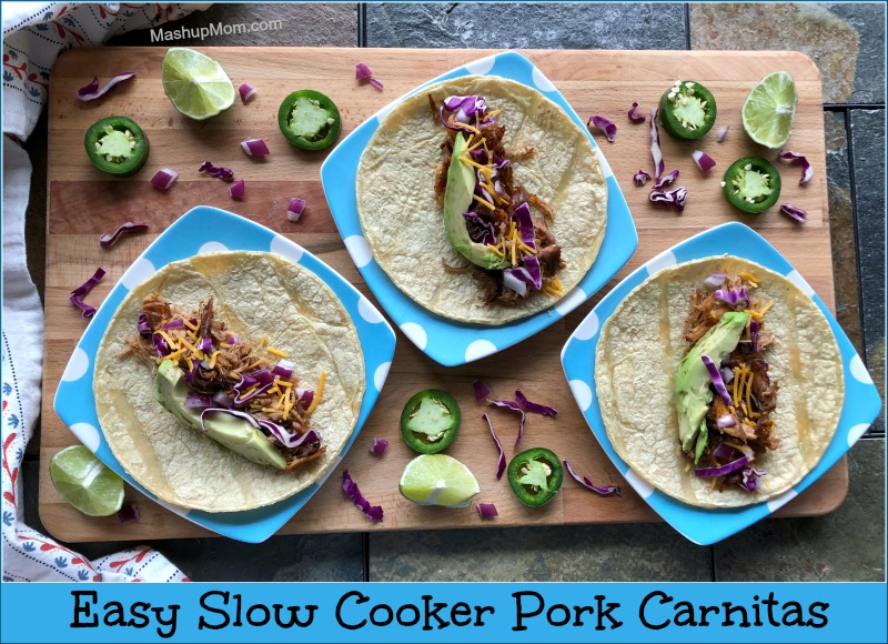 Easy Slow Cooker Pork Carnitas are a great way to make use of one of those big pork roasts that often go on sale. Throw this easy carnitas recipe into your Crock-Pot for up to ten hours before you leave for the day, and it takes just 20 minutes to shred and crisp up when you get home. Naturally gluten free (served on corn tortillas).