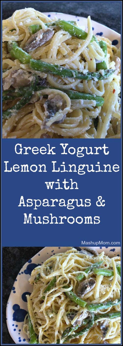 Easy vegetarian Greek Yogurt Lemon Linguine with Asparagus & Mushrooms works well either for pasta night or for Meatless Monday -- and this 30 minute weeknight dinner recipe just feels so spring-y, doesn't it?! 