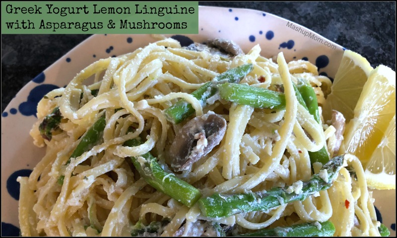 Easy vegetarian Greek Yogurt Lemon Linguine with Asparagus & Mushrooms works well either for pasta night or for Meatless Monday -- and this 30 minute weeknight dinner recipe just feels so spring-y, doesn't it?! 