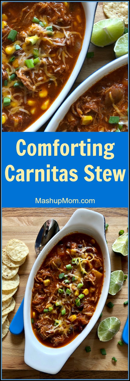 Leftovers recipe time! The sweet pepper and corn balance out the slight heat from the chipotle in this Comforting Carnitas Stew: This easy recipe with leftover carnitas gives you all the smoky warmth and flavor you're looking for in this sort of dish, with only a mild level of spice.