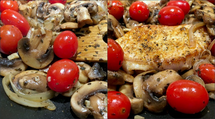 nestle pork chops into veggies