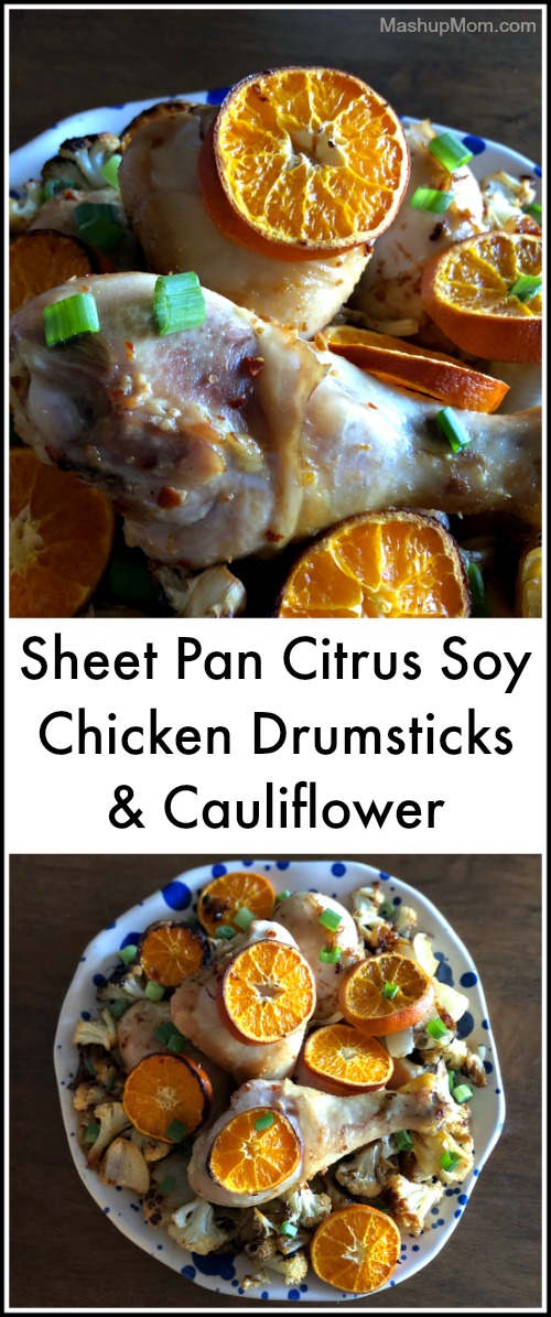 Sheet pan citrus soy chicken drumsticks and cauliflower