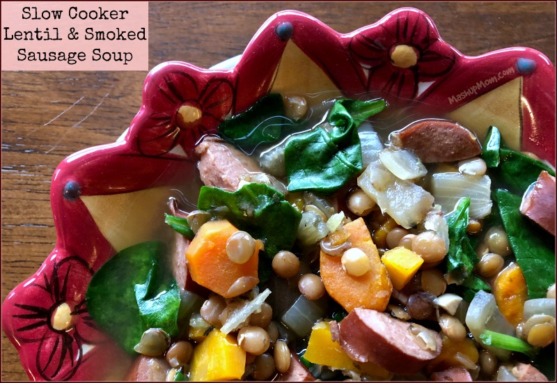 bowl of fresh lentil soup with veggies and sausage