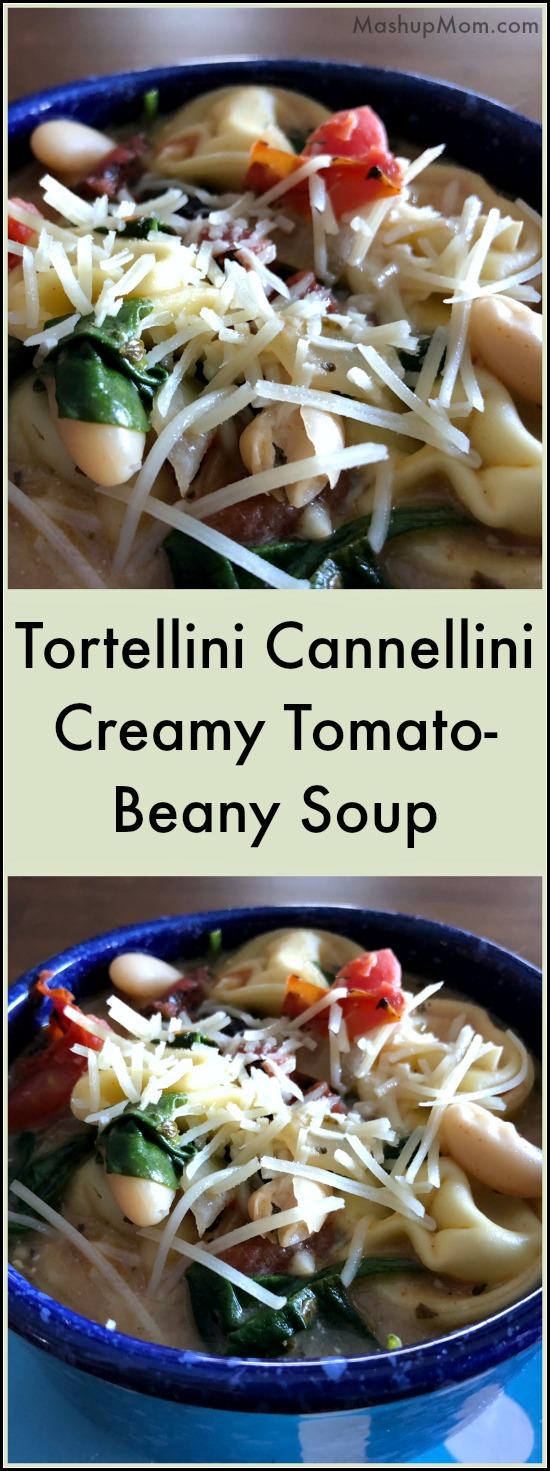 Bowls of vegetarian tortellini soup topped with cheese