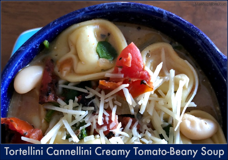 bowl of tomato bean tortellini soup topped with cheese