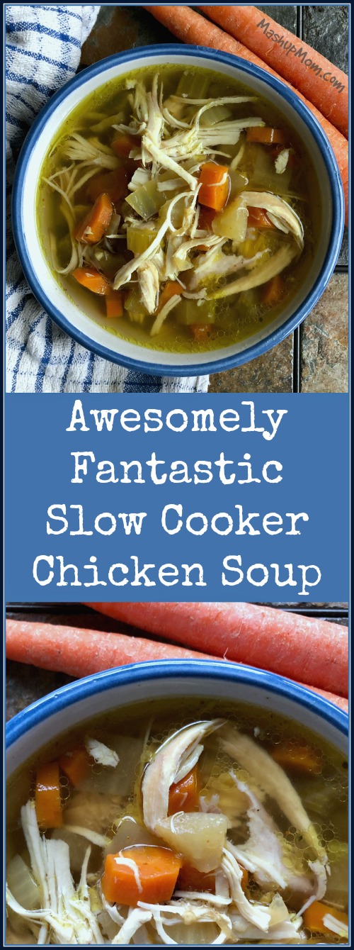  Awesomely fantastic slow cooker chicken soup is the quintessential comfort food: This is the soup you want when you're feeling under the weather, or even when you're just feeling down; just make it easy by using your Crock-Pot! Full of chicken and veggies with a lot of garlic, a lot of thyme, and some turmeric and cayenne for a bit of underlying heat.