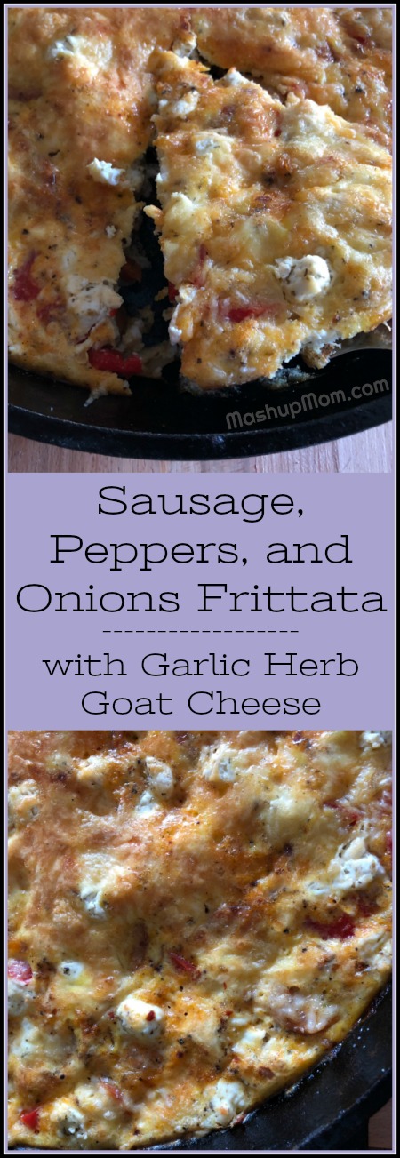 This easy weeknight frittata recipe brings in all the flavor of traditional sausage, peppers, and onions, but packs an extra wallop of flavor from the garlicky goat cheese -- plus you get to enjoy the contrasting of the creamy eggs and just a little salty tang from the Parmesan topping. Naturally gluten free, low carb.