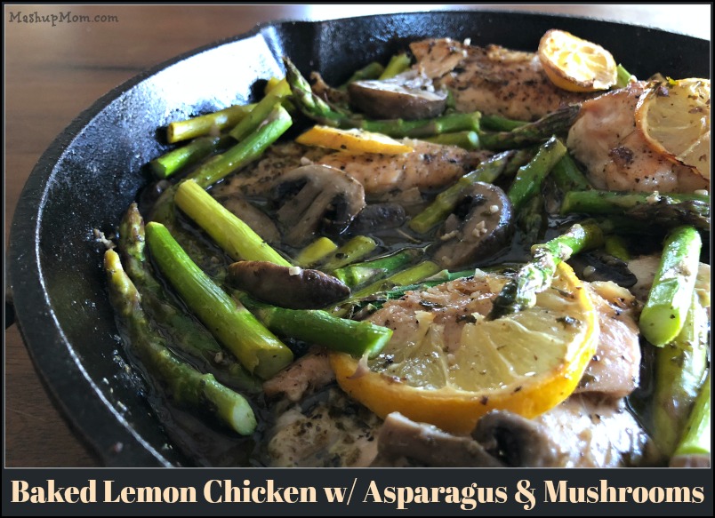 Baked lemon chicken with asparagus & mushrooms is low carb, gluten free, and all delicious.