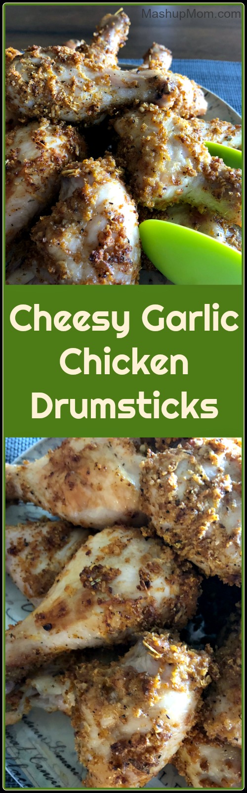 Tonight, why not shake up your normal chicken drumsticks recipe routine with these {title}? If you like garlic, you'll probably like this affordable and kid-friendly recipe for easy, cheesy, garlicky good chicken drumsticks!