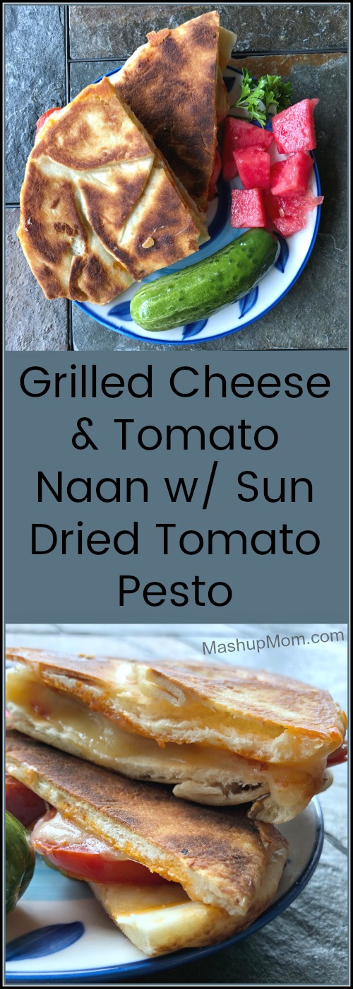 grilled cheese and tomato naan with sun dried tomato pesto